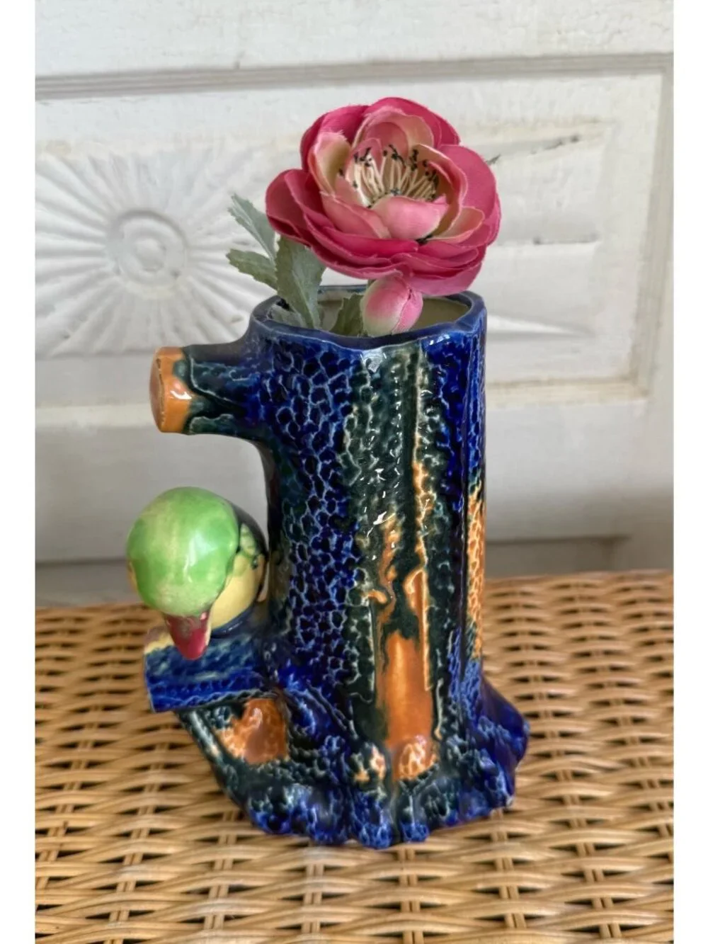Vintage 50's Japan Blue Tree Stump Vase King Fisher Bird Vase Whimsical
